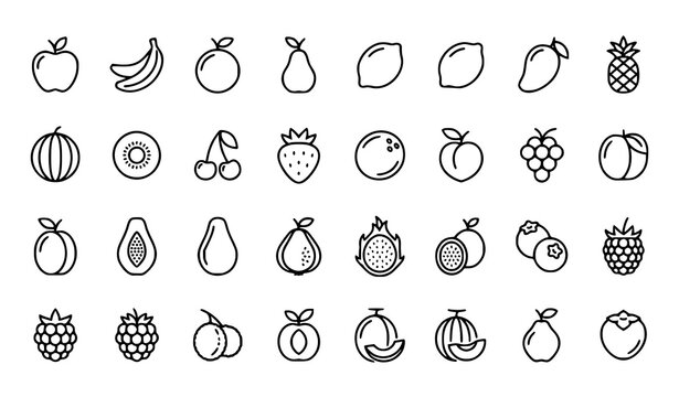 Editable Outline Fruits Icon Set with Thin Line Healthy Food Vector Symbols