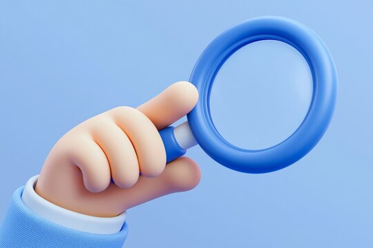 3d vector render. Search icon. Cartoon character hand holds big magnifying glass lens. Business of science clip art isolated on white background. 3D icon free to edit. Business analytics, Data Analyse