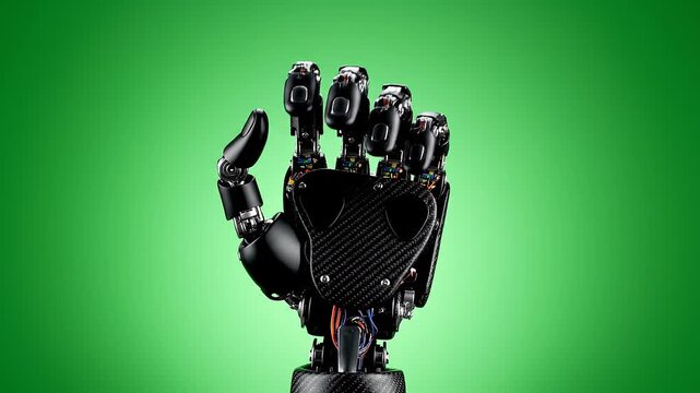 Advanced Cybernetic Robotic Hand Moving Fingers on Green Screen