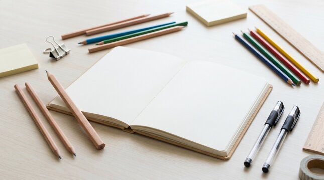 Open notebook with stationery on a wooden desk
