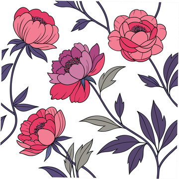peony seamless pattern colorful on white background