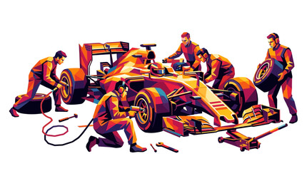 Naklejka premium Formula one orange race car pit crew members changing fast racing wheels. Suitable for automotive, sports, racing, competition, teamwork, and speed concepts.