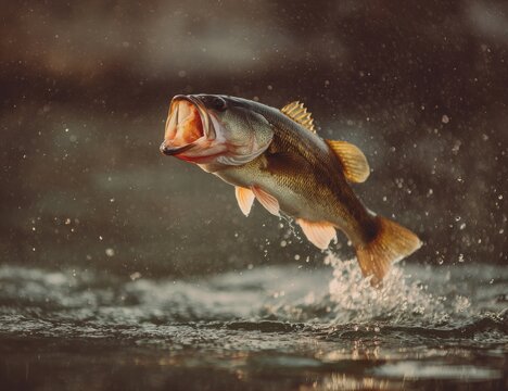 Largemouth bass leaps from water, mouth agape