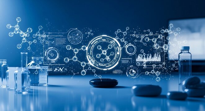 Futuristic pharmaceutical research interface with molecular structures and data visualizations on a laboratory surface