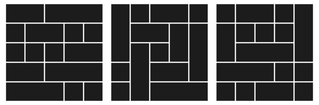 Bento grid abstract layouts with geometric tiles. Modern modular UI design panels, trendy web interface templates, collage frames and infographics. Vector illustration.