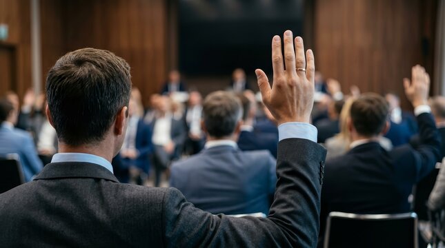Business shareholders casting votes by raising hands at a professional meeting.