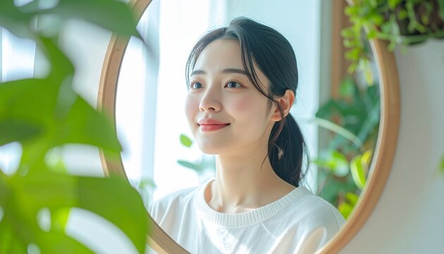 鏡の前で肌を確認する日本人女性の朝ルーティン