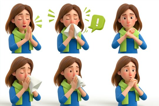 Female character sneezing and coughing right and wrong. Woman coughing in tissue. Prevention against virus and infection. Vector illustration in 3D style