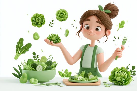 3D Vegetarian concept with healthy fresh diet showing a woman eating salad, bowl of greens and making a choice. Nutrition weight loss diet, individual dietary. 3D set of vector illustrations