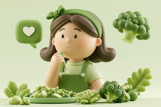 3D Vegetarian concept with healthy fresh diet showing a woman eating salad, bowl of greens and making a choice. Nutrition weight loss diet, individual dietary. 3D set of vector illustrations