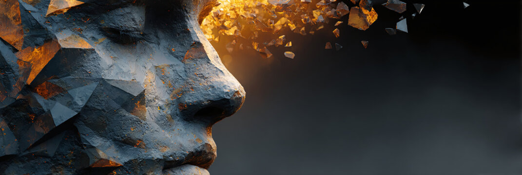 Human face dissolving into abstract light prisms with dramatic cinematic lighting