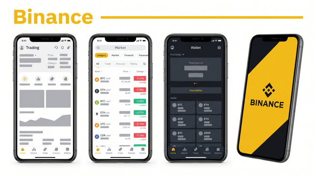 2026 Binance mockup cryptocurrency exchange app interface template. Crypto wallet and market trading screen UI design. Bitcoin and Ethereum portfolio management display on mobile smartphone frame.