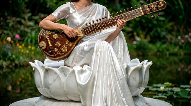Woman in silver saree playing sitar on marble lotus in garden.