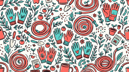 Fototapeta premium playful naive illustration of garden gloves and watering hoses with thick sketchy outlines filled with bright coral and teal tints modern backyard farming repeating pattern