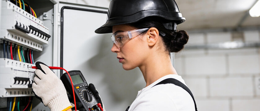 Woman electrician checking voltage in electrical fuse box using multimeter. Professional technician wearing protective helmet and goggles working on power distribution board.