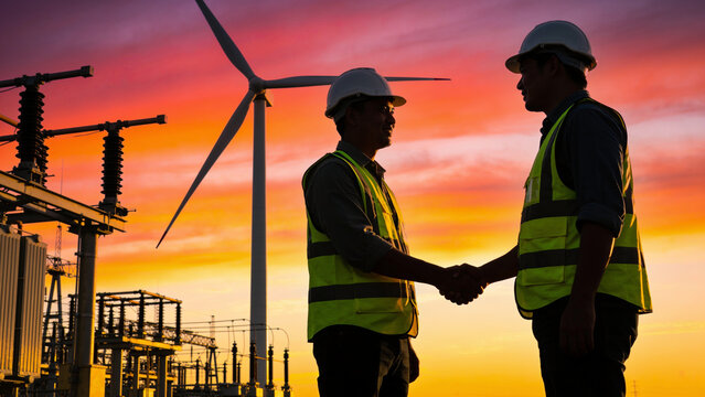 Two engineers shaking hands at wind power plant. Silhouette of worker with hard hat at sunset.