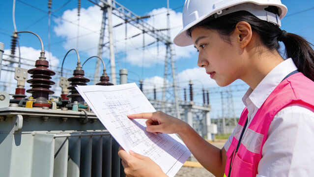 Asian woman electrical engineer examining technical blueprint at power substation. Professional technician working on energy grid infrastructure project. Industrial industry power supply concept.