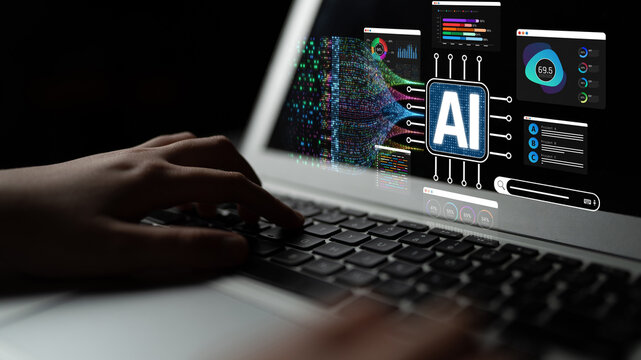 Close-up of a person using a laptop with artificial intelligence data visualization and analytics on the screen in a modern workspace setting Sigmoid