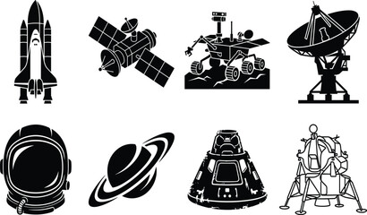 Black and White Vector Silhouette Icon Set of Space Exploration Featuring Space Shuttle Satellite Mars Rover and Lunar Lander © MdShoriful