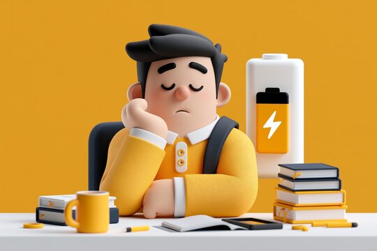 3D Tired student with Low power symbol. Depression, Man tired of hard working, sleepy at work, guy at office sits by the table. 3D cartoon realistic style design illustrations render