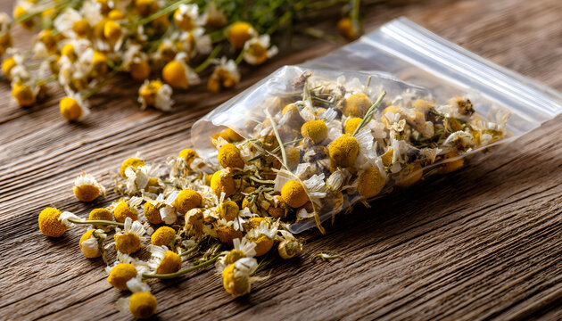 Medicinal dried matricaria chamomilla heads in clear packaging falling on a table. Naturopathy herbs. Chamomile blossoms