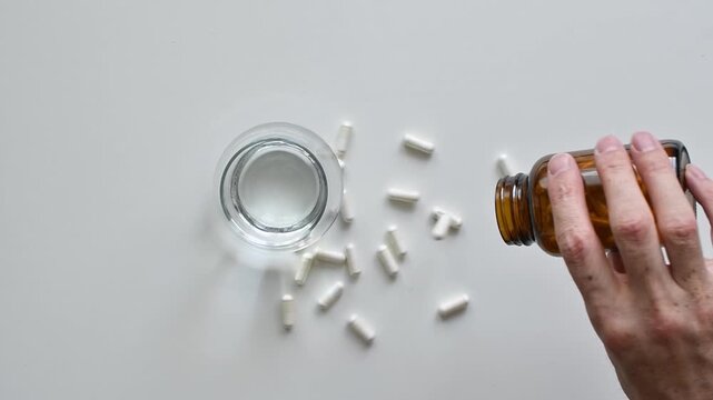 Adult hand spills white supplement capsules from amber bottle beside glass of water during daily health routine at home.
