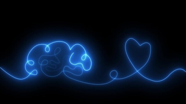 Neon glowing brain and heart line animation on black background, line continuous line