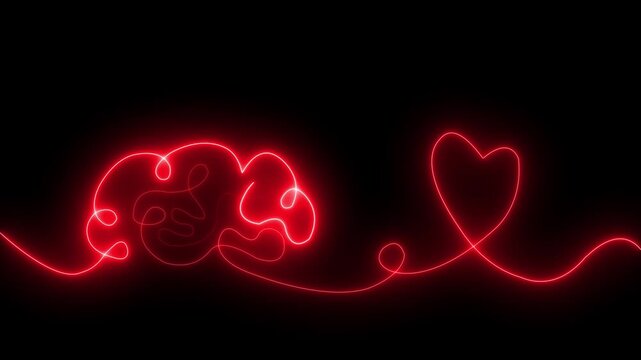Neon red glowing brain and heart line animation, conceptual connection between mind and emotion line continuous line