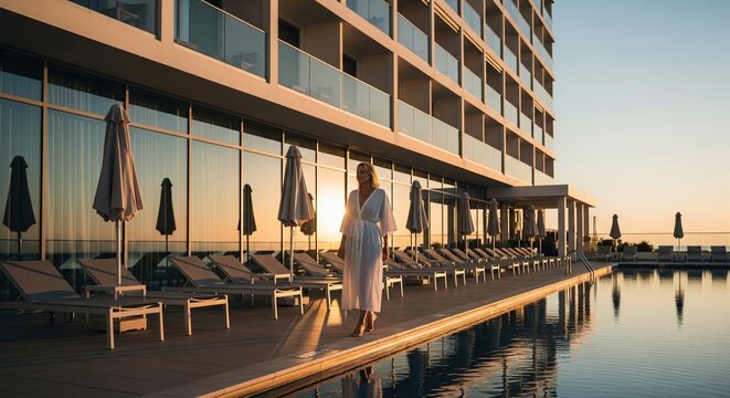 Woman in white robe walking by luxury hotel pool at sunset, modern resort architecture during golden hour