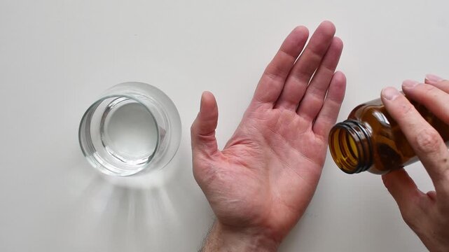 Person pours white capsules from amber bottle into palm near water glass on white table during simple daily supplement routine