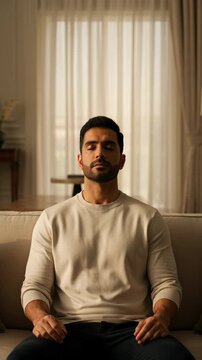 Peaceful South Asian man sitting on a couch with eyes closed, practicing meditation and deep breathing in a bright, modern living room at home.