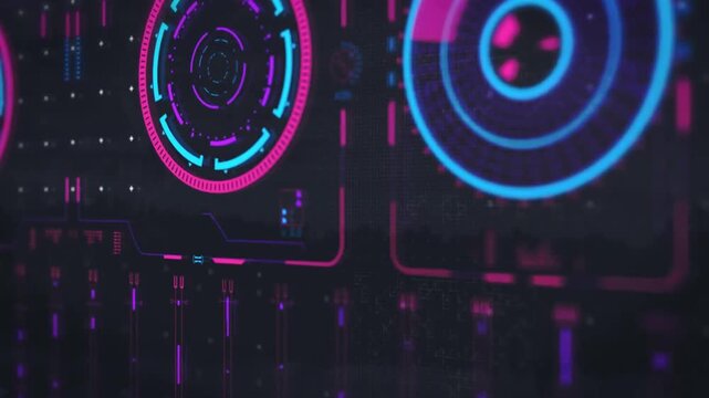 Futuristic sci-fi HUD interface with digital data charts and cyber city scan overlays