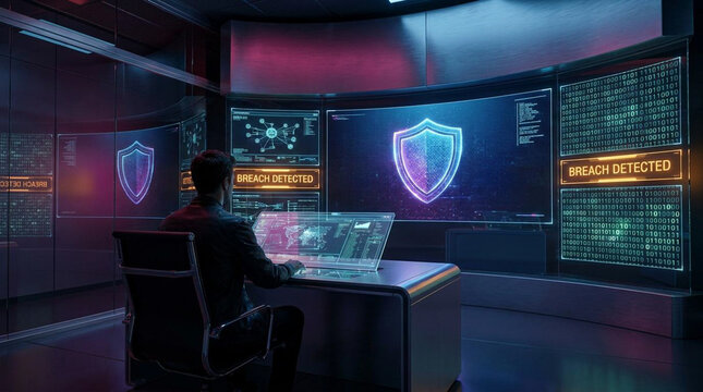 Professional cybersecurity concept featuring digital security systems, encrypted data protection, network monitoring, secure access technology, and cyber defense solutions. The image represents modern