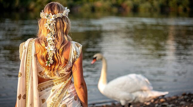 Woman in white saree and flower crown watching swan by river.