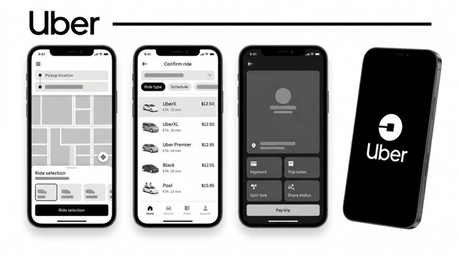 2026 Uber mockup ride sharing app interface template. Uber mobile app UI screen display. Ride selection pickup map layout in smartphone frame. Payment trip notes split fare share status update app.