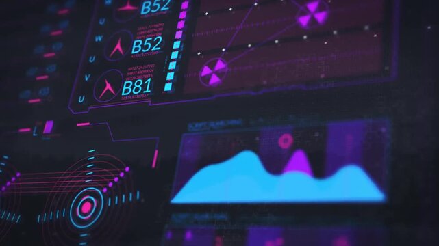 Futuristic neon HUD interface with digital charts, data processing, and sci-fi communication grids.