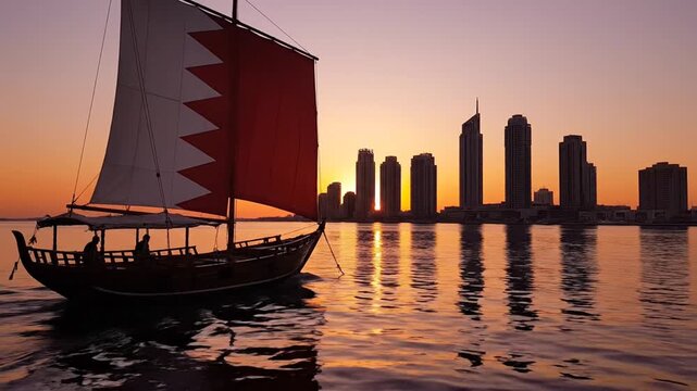 Traditional sailboat at sunset with city skyline background.