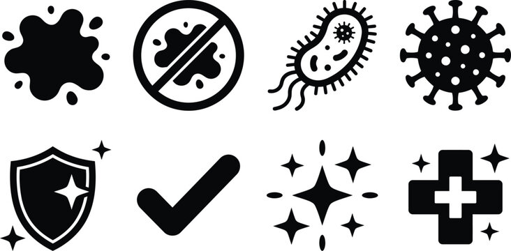 Cleanliness and hygiene icons including germs, shield, checkmark, sparkle, and medical cross.