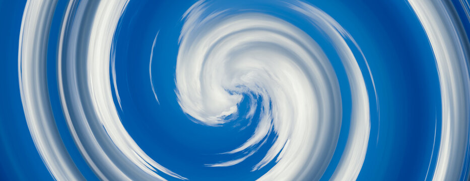 Abstract blue sky and clouds swirl background. Panoramic weather vortex banner.