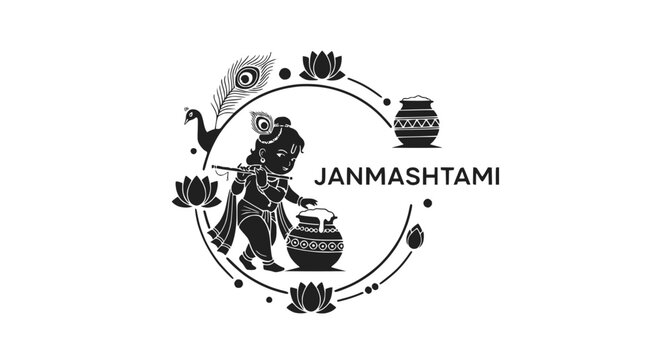 Minimalist Lord Krishna Janmashtami Illustration with Butter Pot