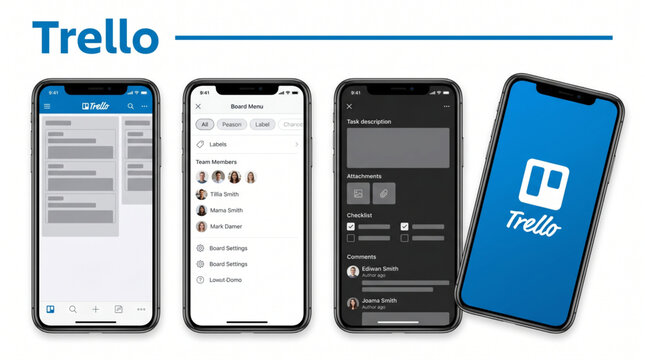 2026 Trello mobile app interface mockup template. Project management software UI screen display. Board menu, team members, task description, dark mode checklist, logo splash in smartphone frame.