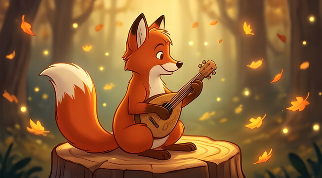 Side view of an adorable red fox playing a lute on a wooden stump in a beautiful autumn woodland.