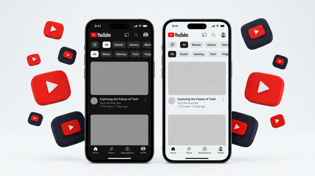 2026 Youtube mockup social media template. Youtube video template. Youtube shorts mockup phone ui screen display. Dark and light mode interface in smartphone. Social network mobile app design UI 3D.