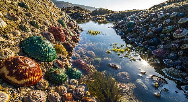 Colorful Seashells and Limpets Surrounding Clear Rocky Tide Pool on Sunny Coast