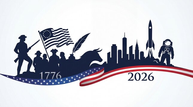 American Semiquincentennial celebration silhouette, 1776 to 2026 United States history timeline, patriotic 250th anniversary banner with flag and skyline