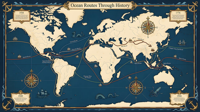 Vintage world map with historical ocean trade routes