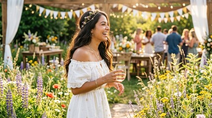 Fototapeta premium Woman in white dress laughing at outdoor garden party with wine