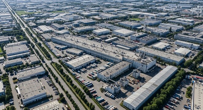 Expansive aerial view of a sprawling industrial estate with numerous warehouses, factories, and logistics operations under a clear sky.
