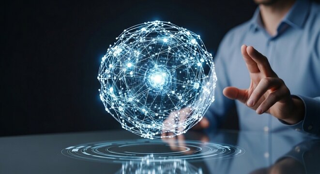 Big Data network sphere concept with businessman touching glowing digital hologram interface, symbolizing global communication, cloud computing, artificial intelligence, and futuristic technology infr