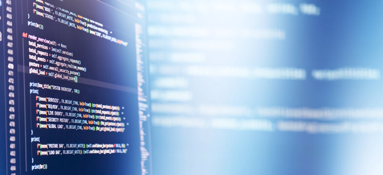 Programming code screen background with blank copy space. System overview script, software development and cybersecurity concept. Wide web banner.